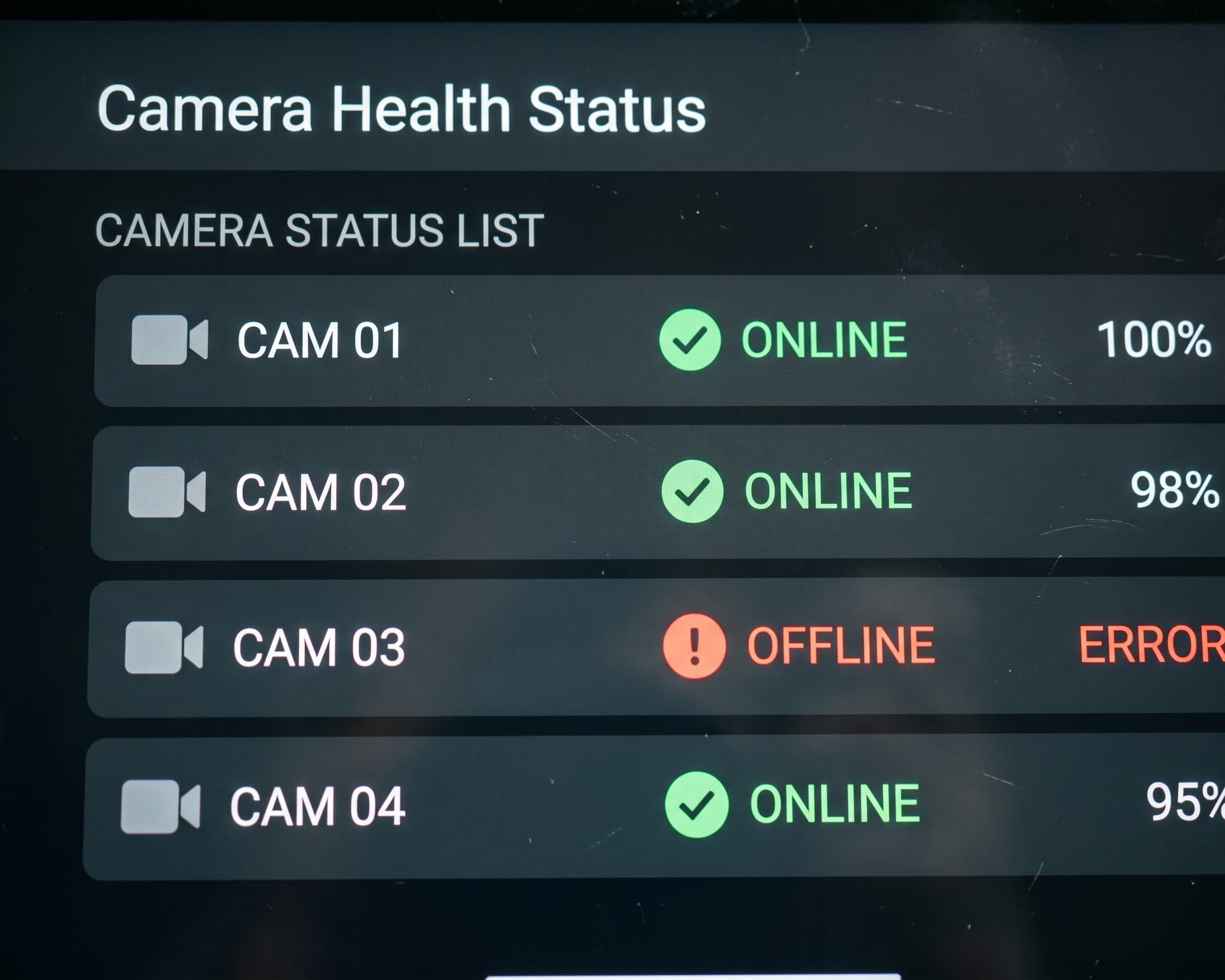 Camera health status dashboard listing four cameras, one flagged offline with an error