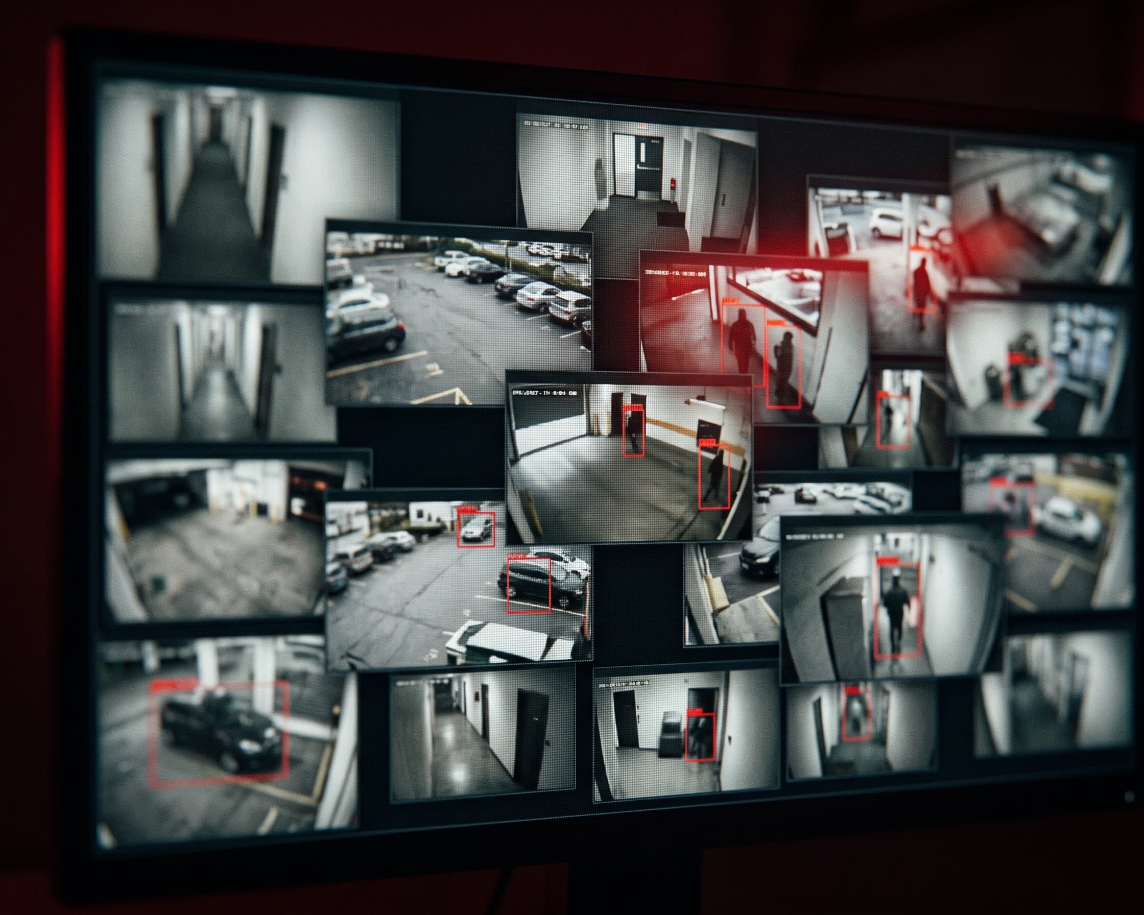 Control room wall showing multiple camera feeds with AI detection boxes around people and vehicles