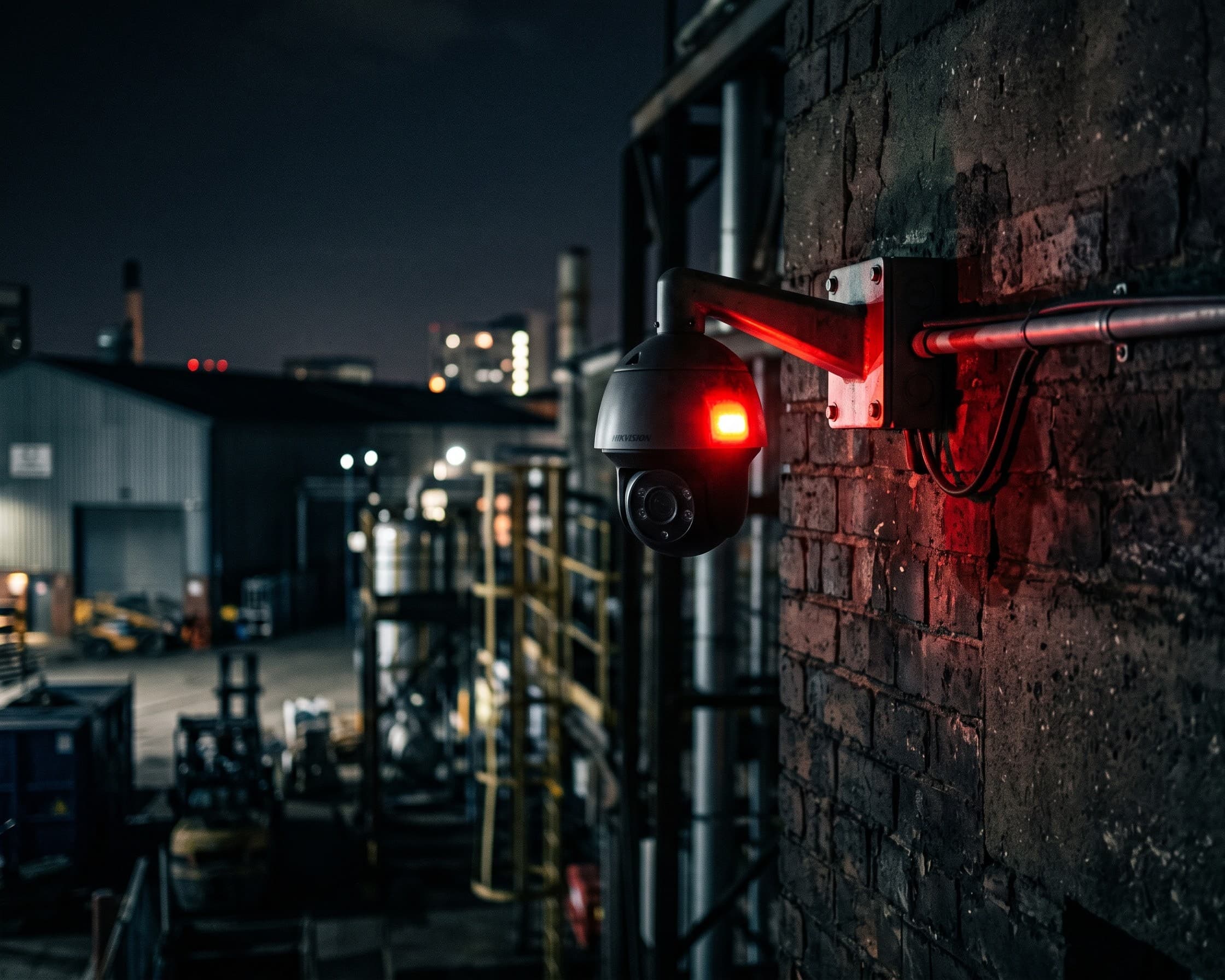 CCTV camera mounted outdoors at night with its status light illuminated